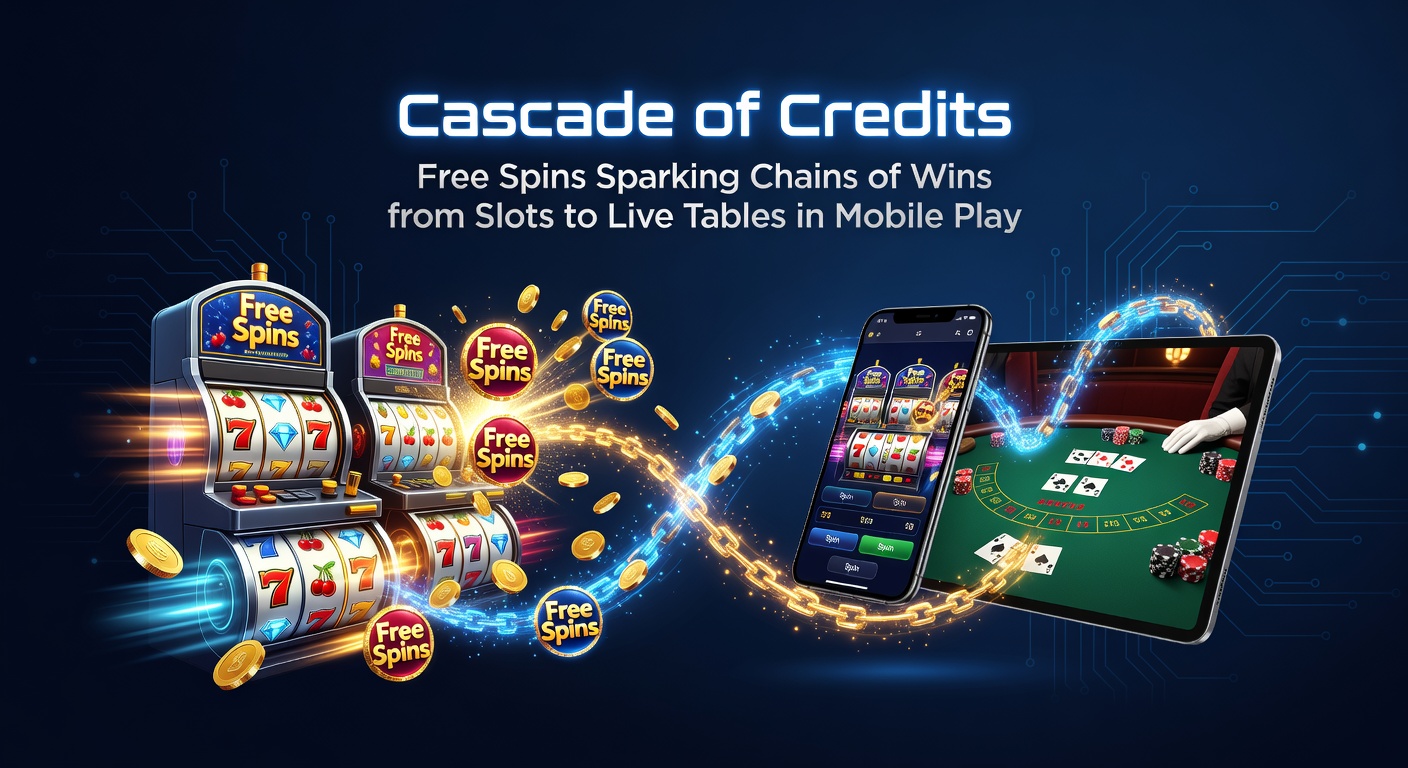 Illustration of credit flow from slot free spins cascading into live dealer table bets on a mobile interface, with glowing chains linking wins