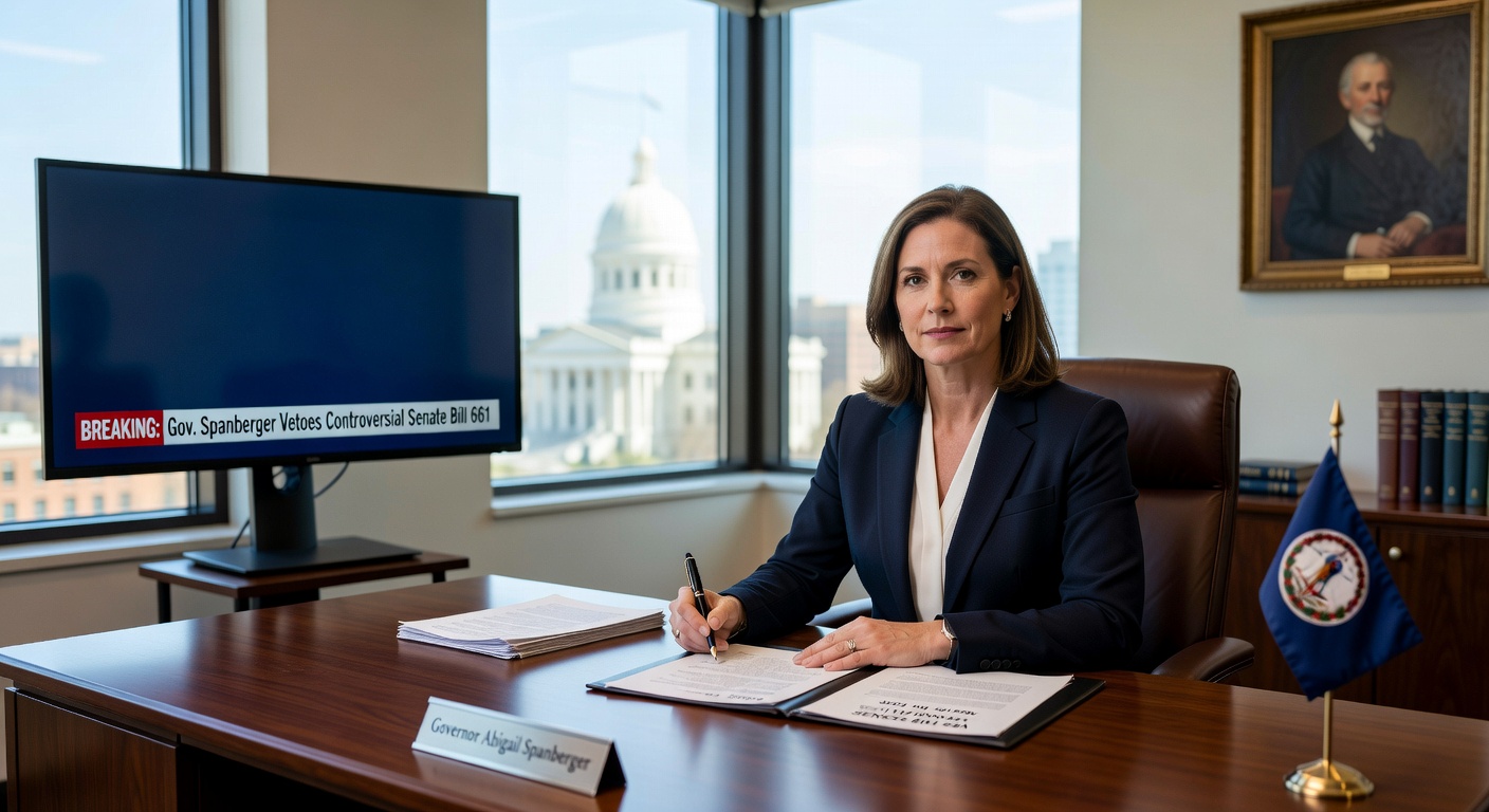 Close-up of Virginia Governor Abigail Spanberger signing documents at her desk, representing the veto actions on gambling legislation