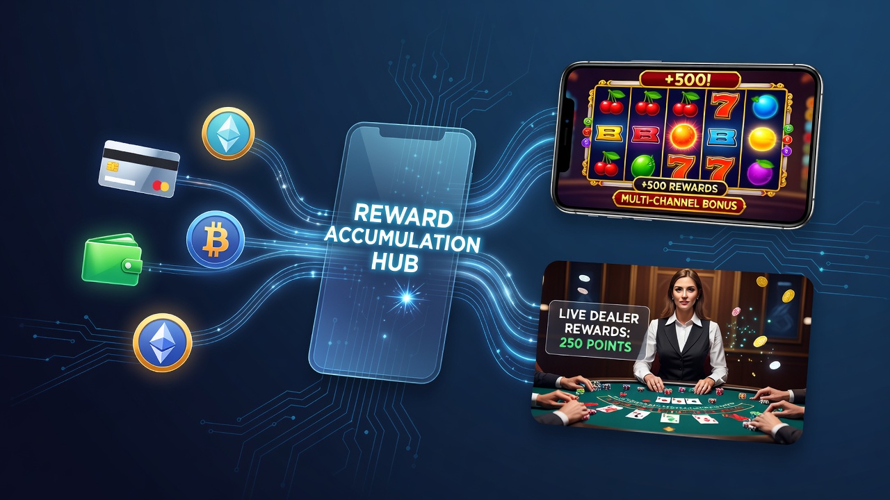 Mobile device displaying integrated payment options and reward points accumulating during slot and live dealer sessions