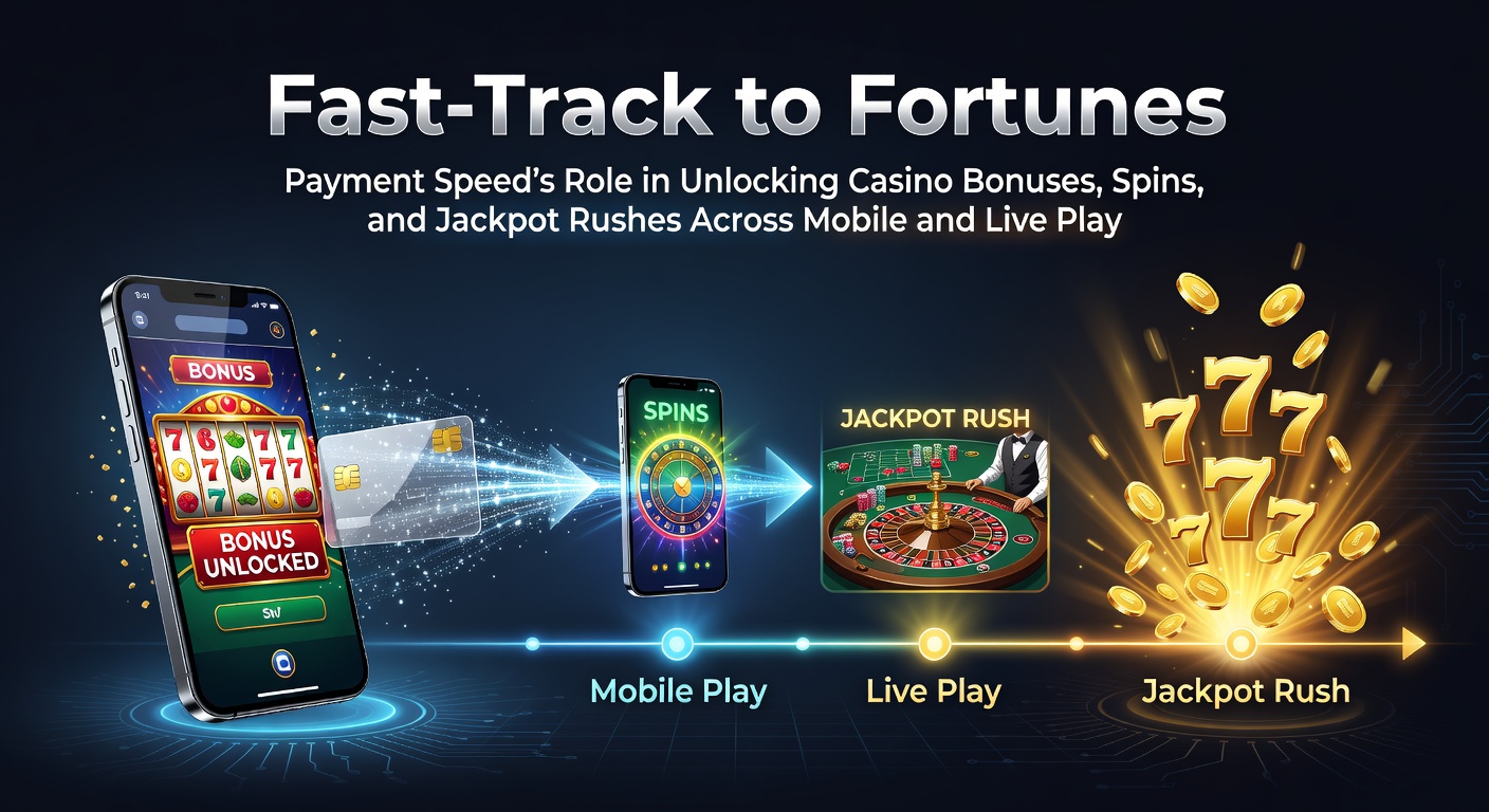 Dynamic graphic showing lightning-fast payment icons unlocking cascading casino bonuses, free spins, and jackpot symbols on mobile screens and live dealer tables