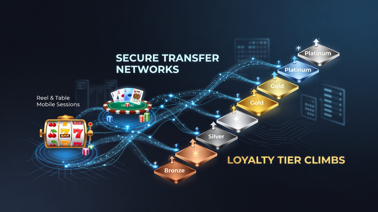 Illustration of secure payment networks connecting mobile reel and table gaming sessions to loyalty escalations