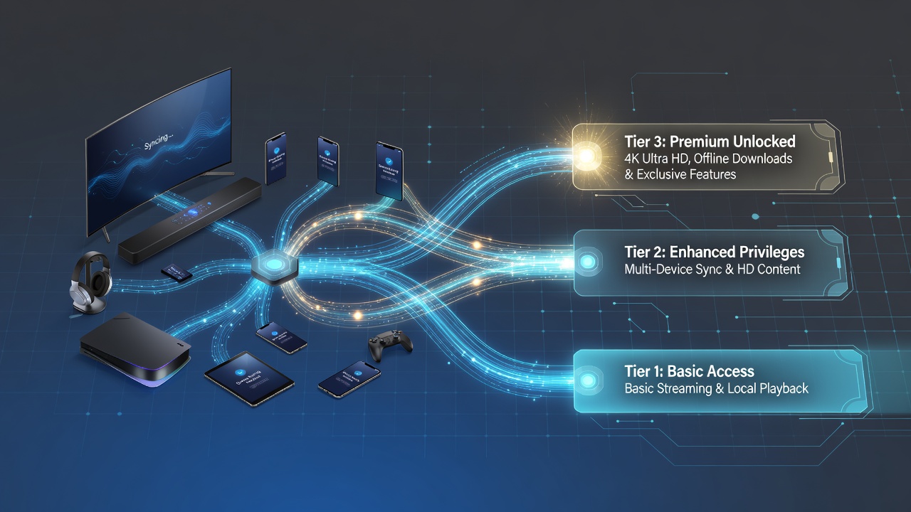 Multi-device entertainment system interface showing synchronized verification across tablet, smartphone and television screens
